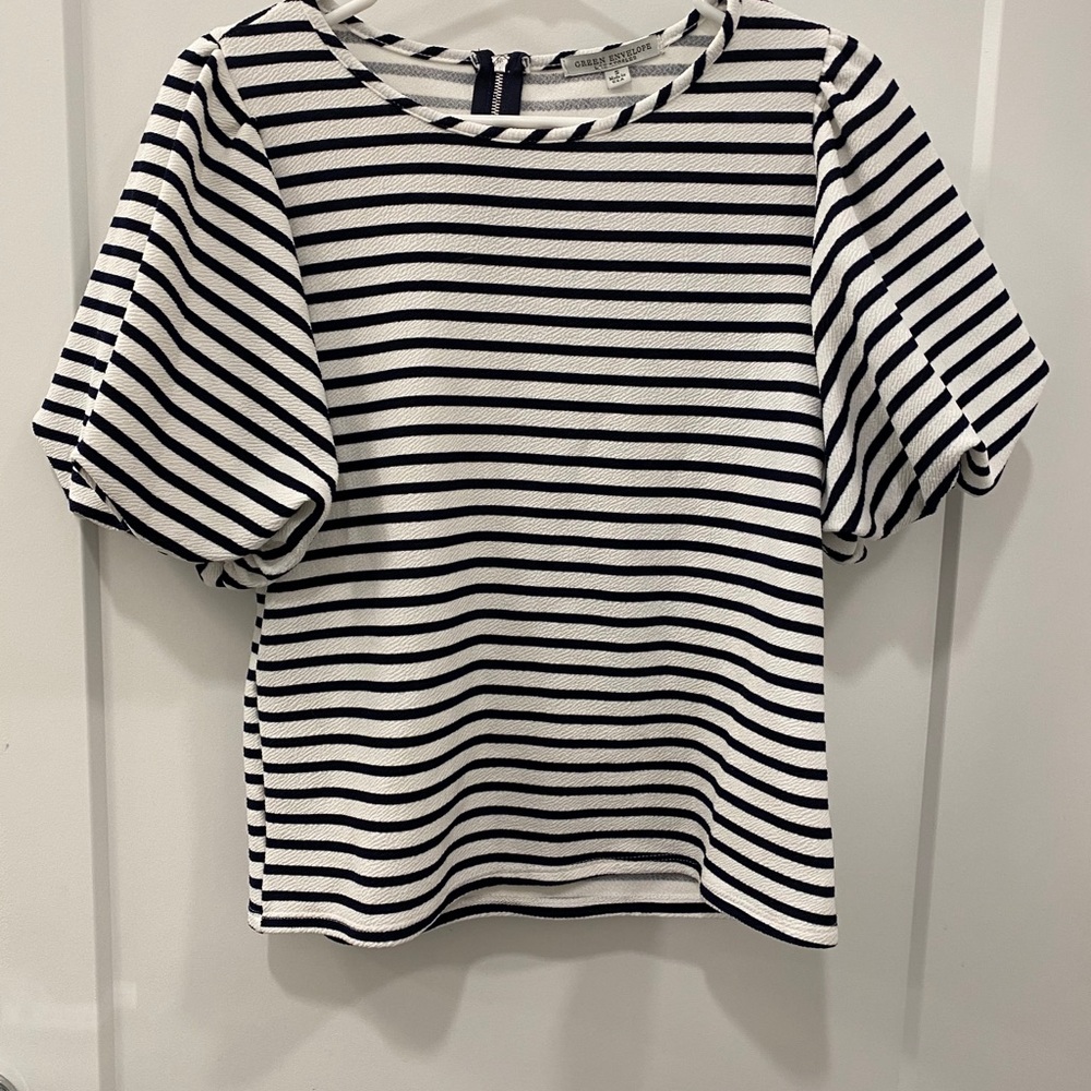 Green Envelope Striped Puffy Sleeve Blouse
